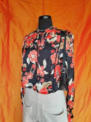 Chemisier à fleurs rouge, beige et noir - T38