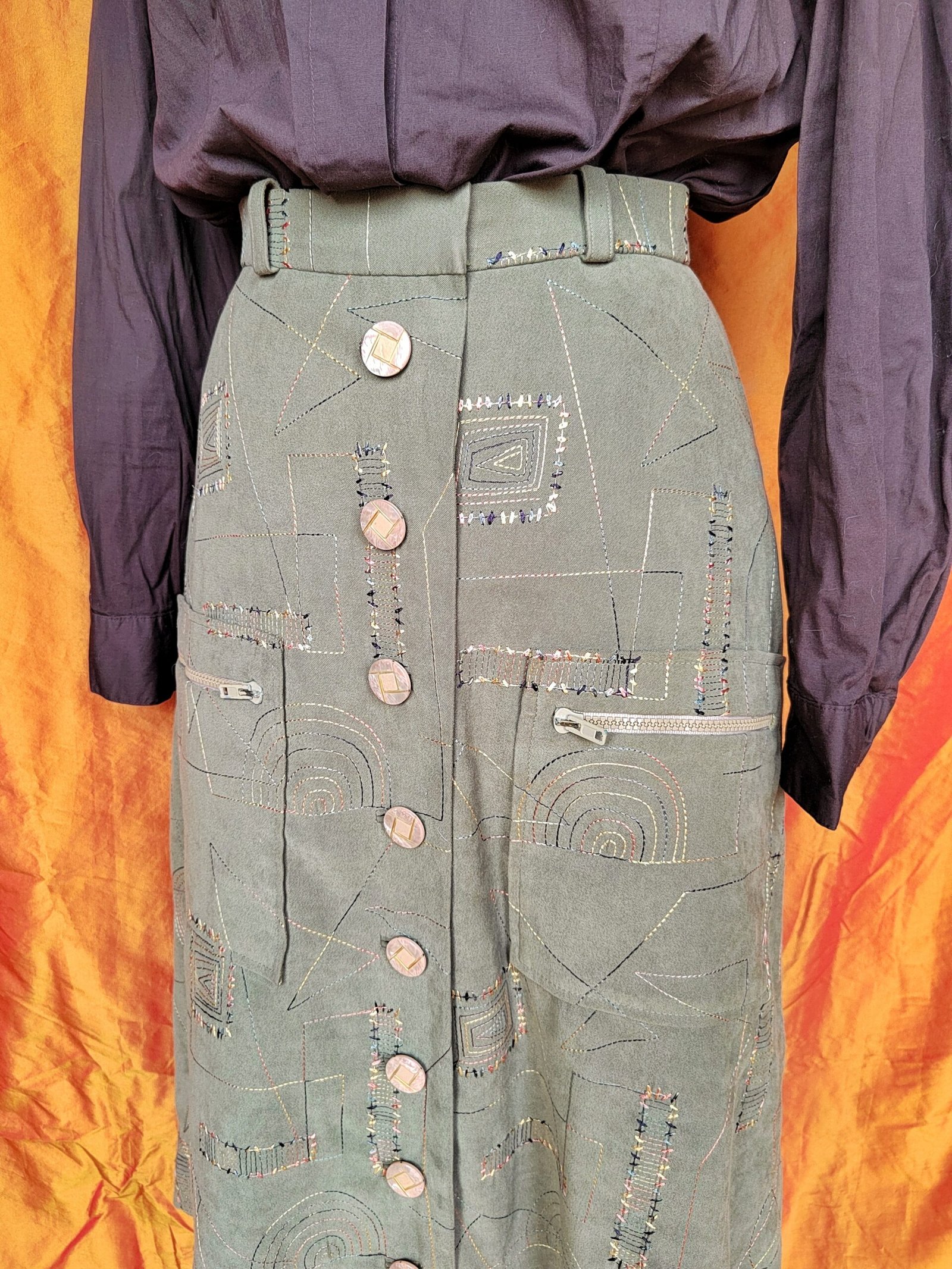 Jupe kaki brodée - T34/36